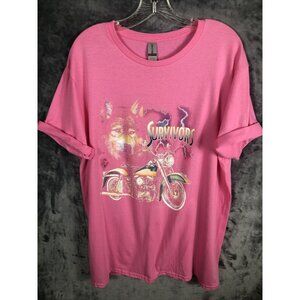 Woman's Biker Shirt Survivors Pink Graphic Tee With Wolf & Motorcycle Design